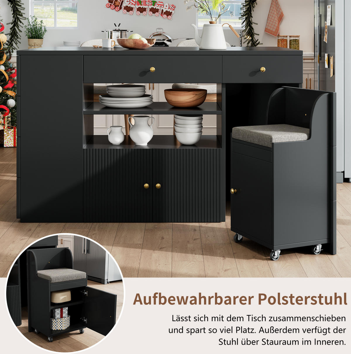 KÜCHENINSEL aus MDF mit 6 Schubladen & Hocker, 140/40(70)/89 cm, Schwarz - Schwarz, Holzwerkstoff (40/89/140cm) - Redom