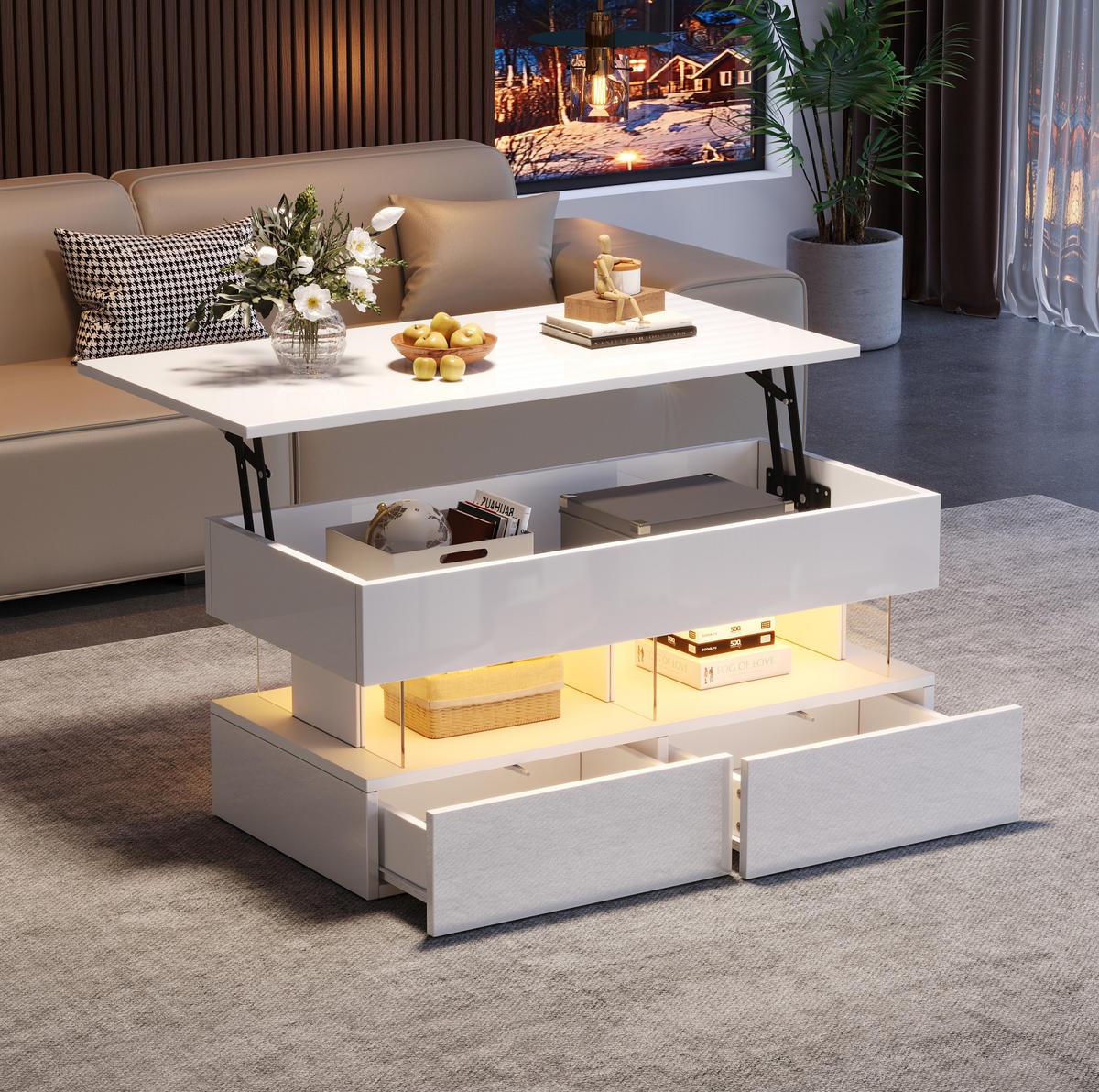 COUCHTISCH 100/50/46 cm in Weiß mit höhenverstellbarer Platte und LED-Beleuchtung - Weiß, Holzwerkstoff (120/50/46cm) - Flora Grace