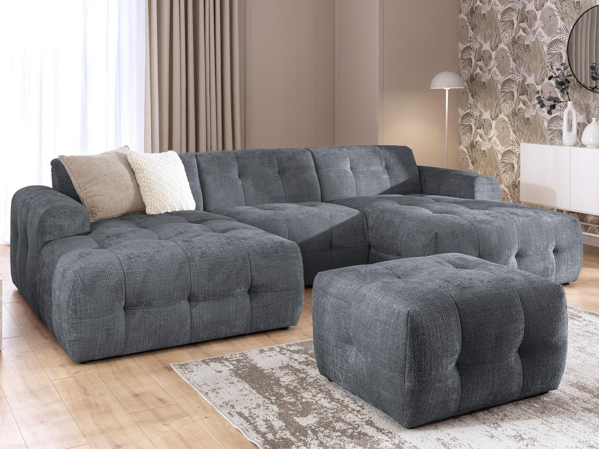 POLSTERHOCKER mit raffinierten Steppungen, zu passendem Sofa, Wellenunterfederung, Chenille-Bezug Grau / 21058 - Schwarz/Grau, Kunststoff/Textil (87/46/68cm) - luma-home
