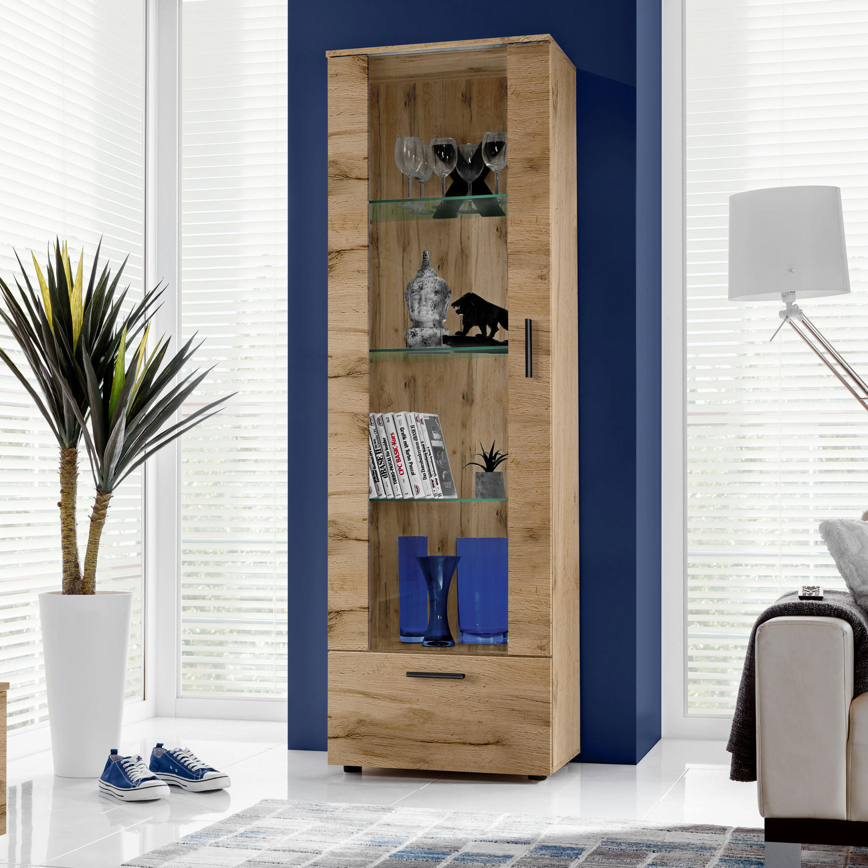 Thumbnail - Komodee Vitrine, Eiche Wotan, Eiche Wotan, Glas, Holz Optik, 3 Fächer, Rechteckig, 60x192x42 cm, Wohnzimmer, Wohnwände, ...