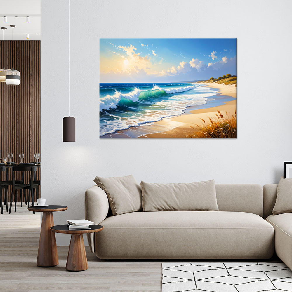 LEINWANDBILD Strand Meer Wellen Landschaft 120x80cm - Blau, Textil (120/80cm) - Feeby