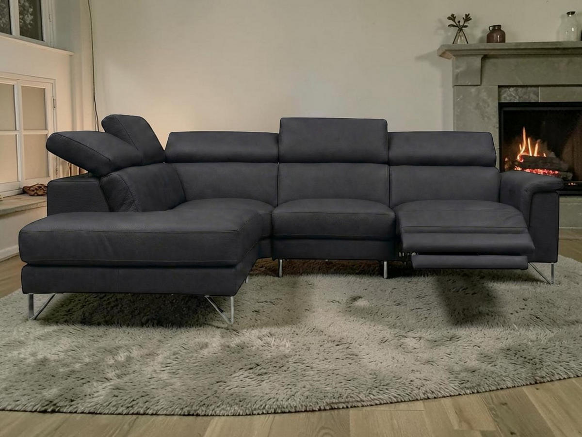 ECKSOFA Antares Echtleder mit 1 x Relaxfunktion Schwarz - Schwarz, Leder/Metall (224/276cm)