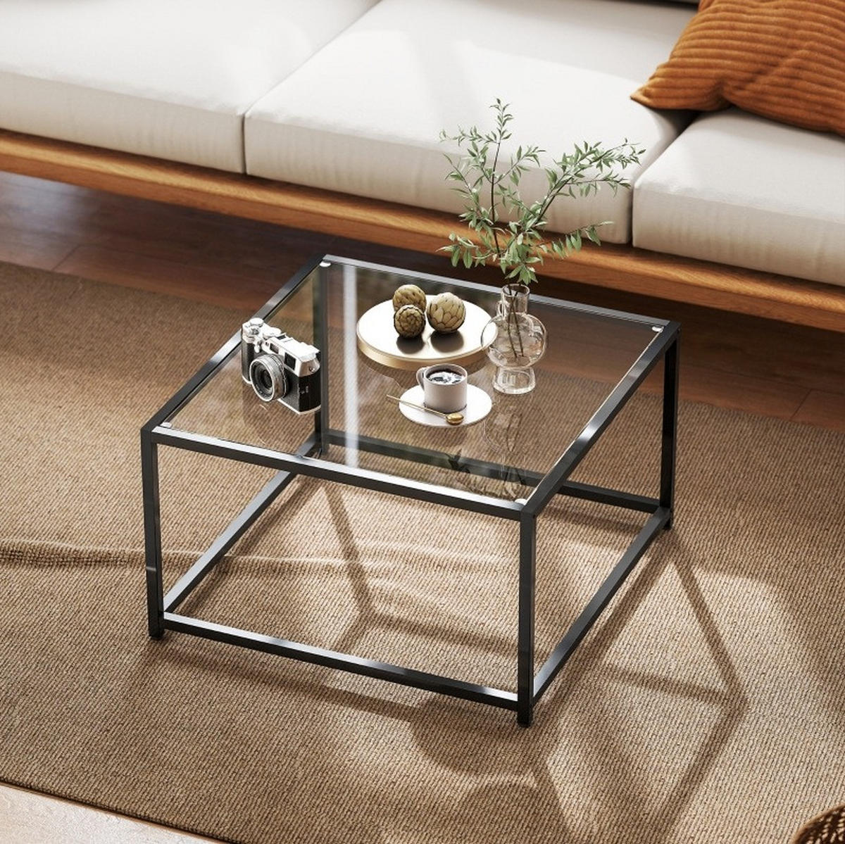 COUCHTISCH 68/68/39 cm mit gehärteter Glasplatte und Stahlgestell im Industrial-Stil, Schwarz - Schwarz, Glas (68/68/39cm) - Redom