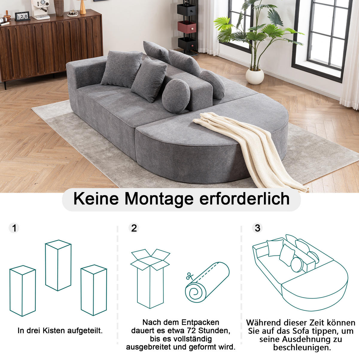 WOHNLANDSCHAFT Chenille Grau mit Kissen - Grau, Textil (263/66/171cm) - WISHDOR