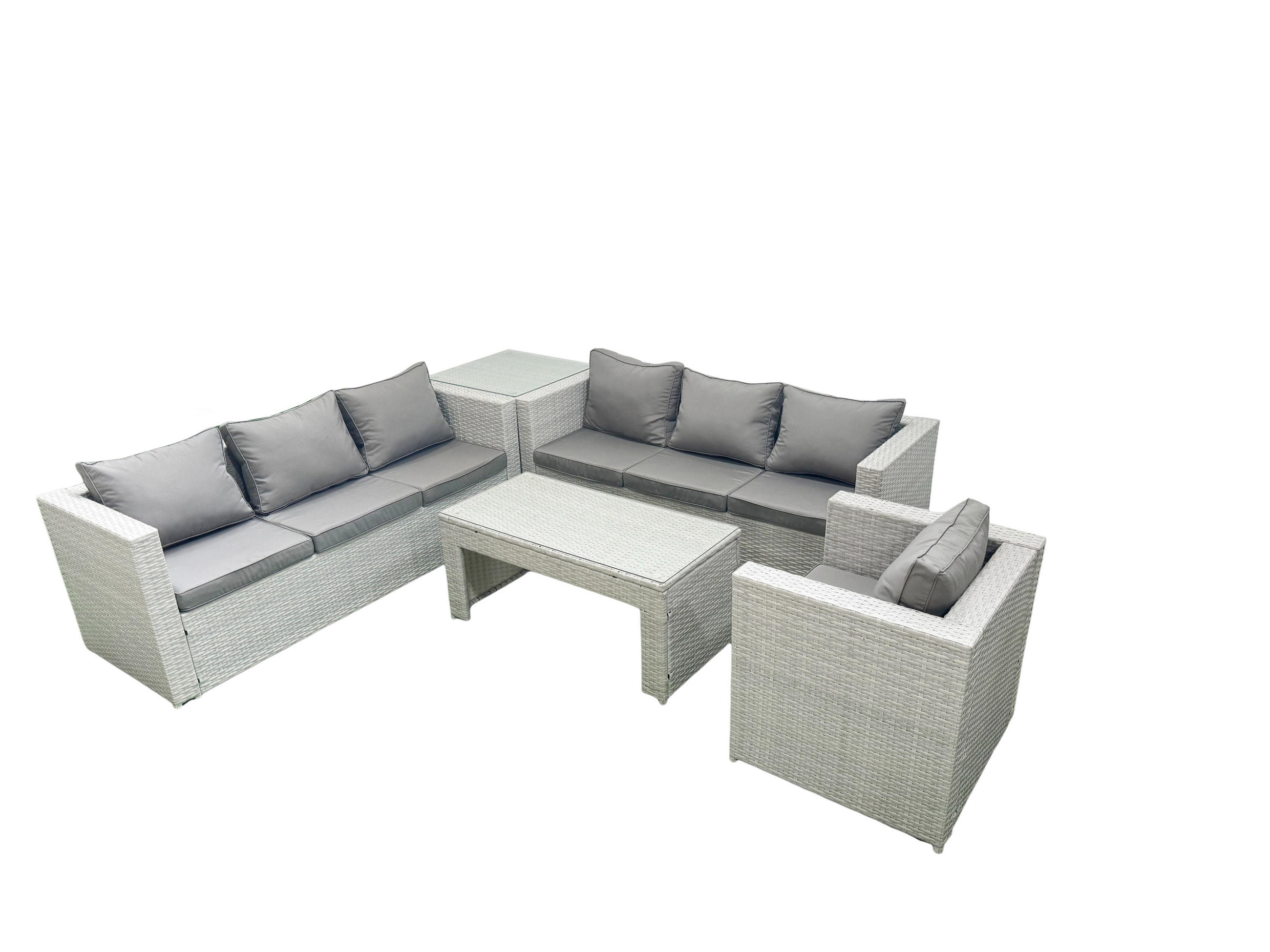 GARTENSOFA hohe Rückenlehne Polyrattan Hellgrau-Mix 7-Sitzer - Hellgrau/Grau, Glas/Kunststoff - Fimous