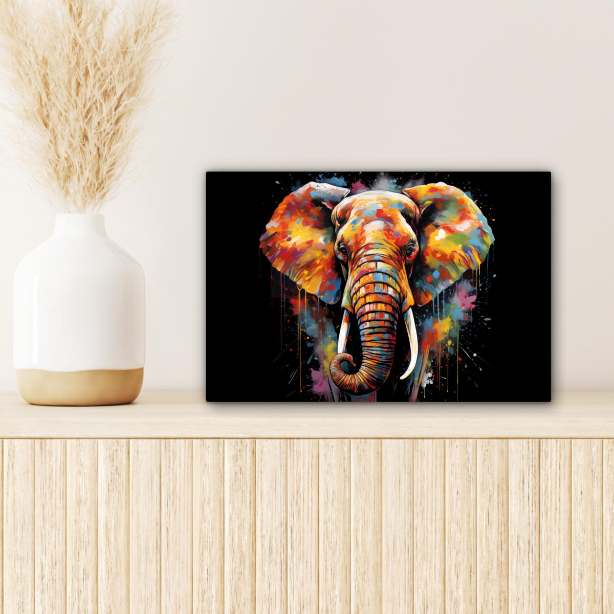LEINWANDBILD Elefant - Graffiti - Schwarz - Tiere - Farben 30x20 cm - Schwarz, Textil (30/20cm) - MuchoWow