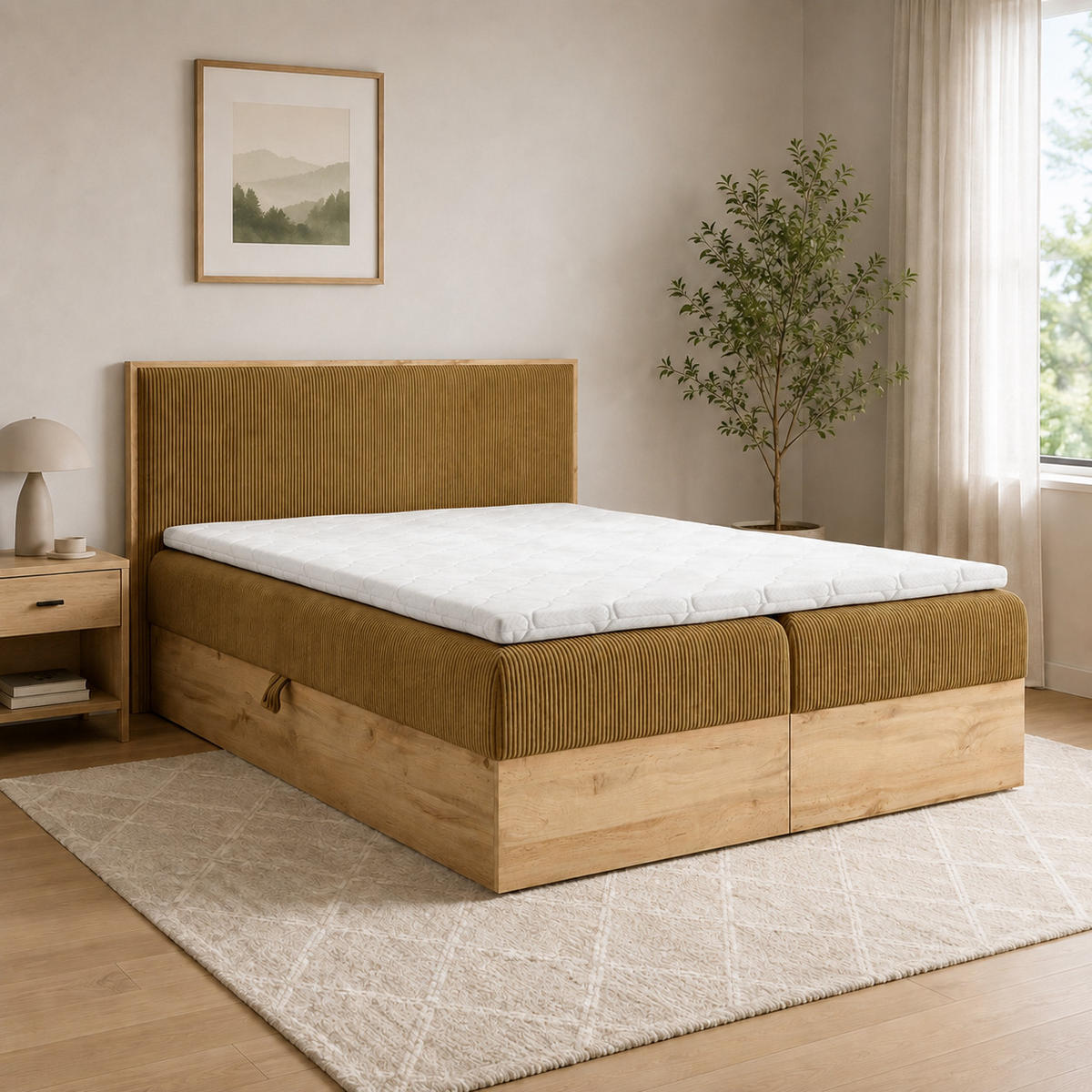 BOXBETT Holzoptik Sonoma mit Topper 140x200 cm Senfgelb - Gelb, Textil (140/200cm) - Home Collective