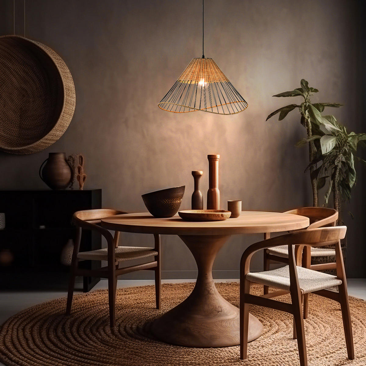 HÄNGELEUCHTE Metall Schwarz Holzgeflecht - Schwarz, Holz (48/48/120cm)