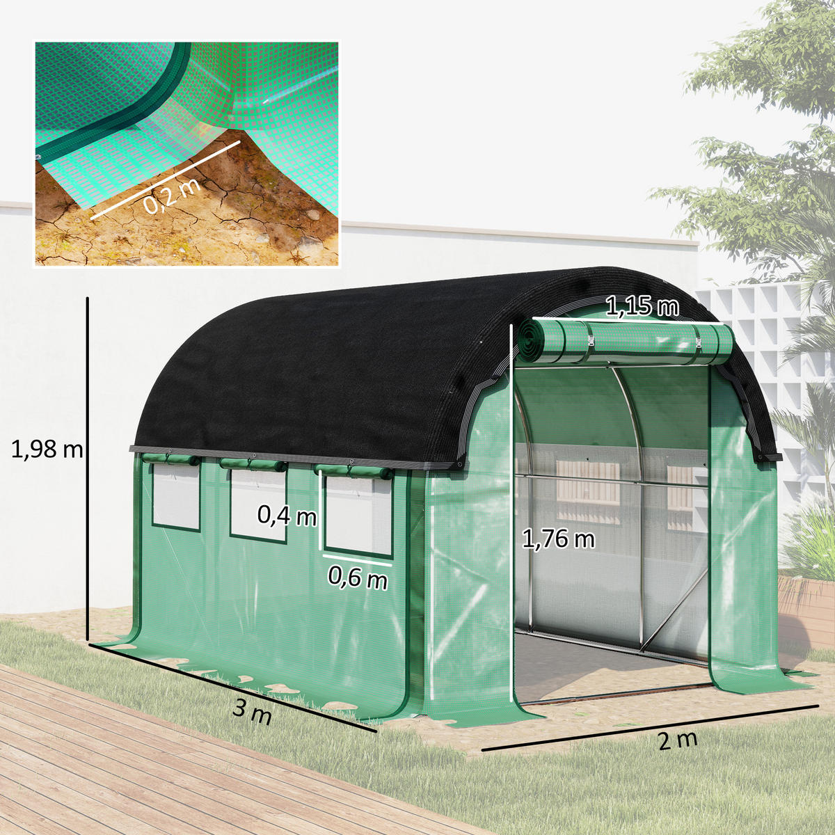 FOLIOVÝ TUNEL, 300L x 200B x 198H cm - zelená barva, plast (200/198/300cm) - Outsunny