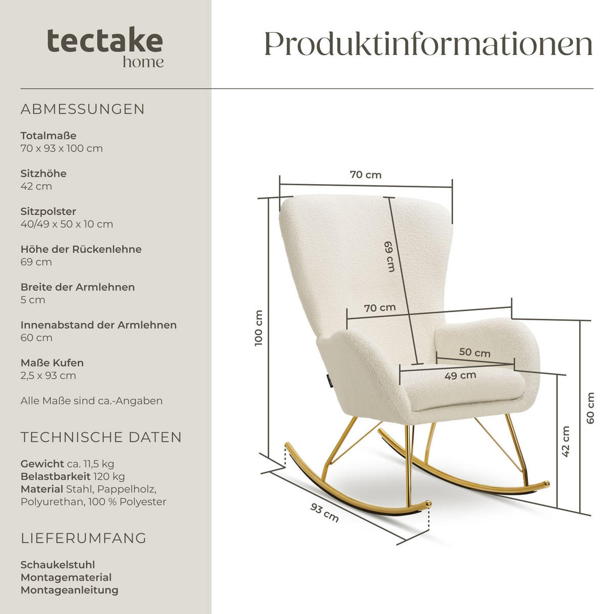 SCHAUKELSTUHL Swing, 70 x 93 x 100 cm, Belastbarkeit 120 kg, creme/gold - Goldfarben/Creme, Kunststoff (70/100/93cm) - tectake