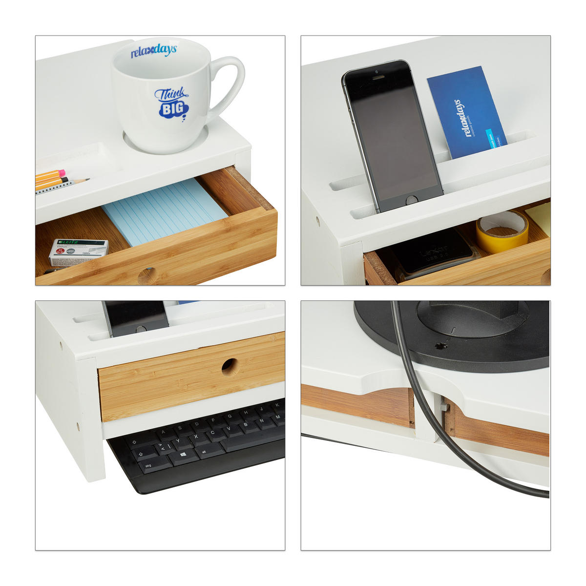 MONITORSTÄNDER Weiß Natur Bambus 2 Schubladen - Weiß, Holz (30/60/14cm) - Relaxdays