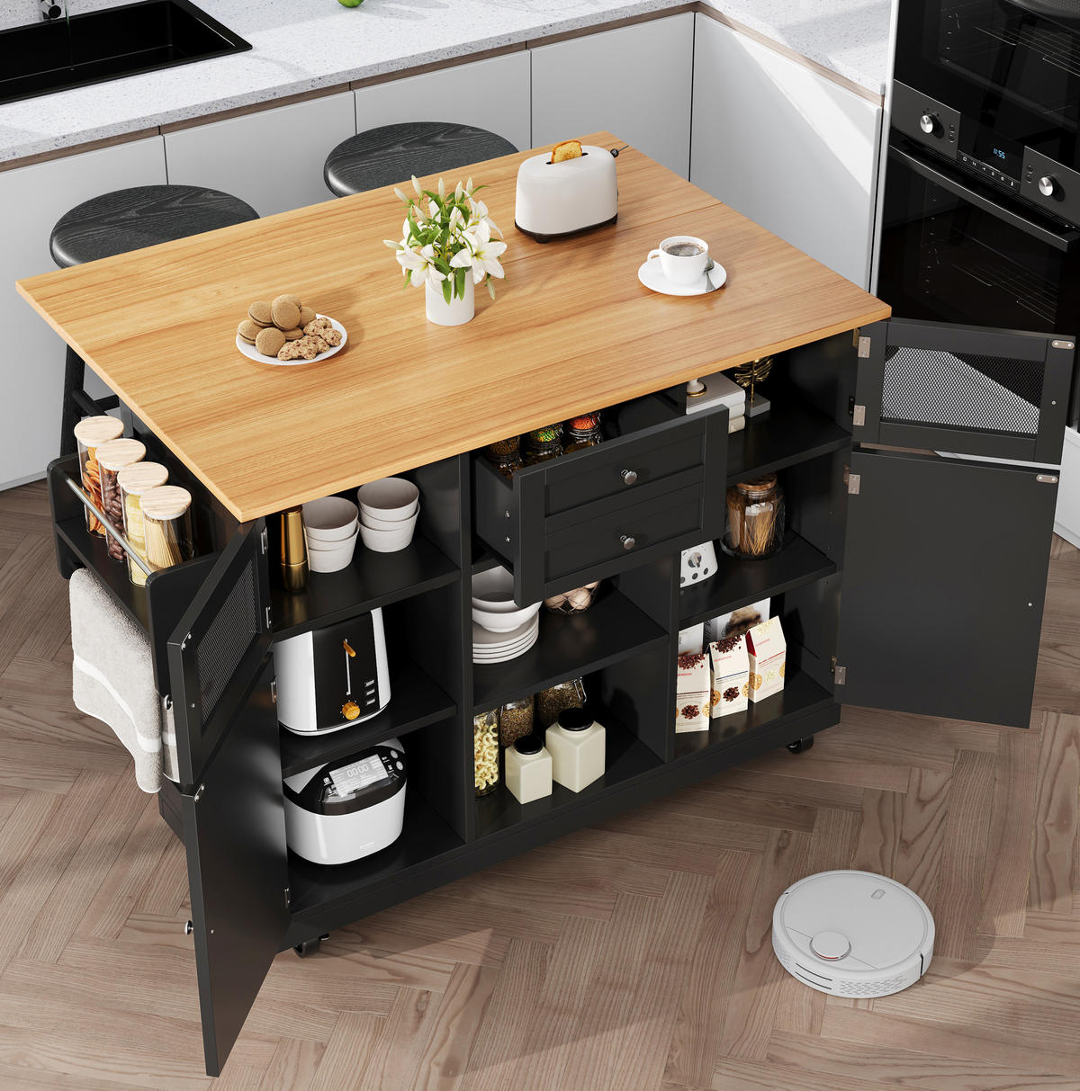 KÜCHENINSEL 140/70/93,5 cm Schwarz aus MDF und Metall mit klappbarer Tischplatte - Schwarz, Holzwerkstoff (40/93.5/140cm) - OKMYHOME