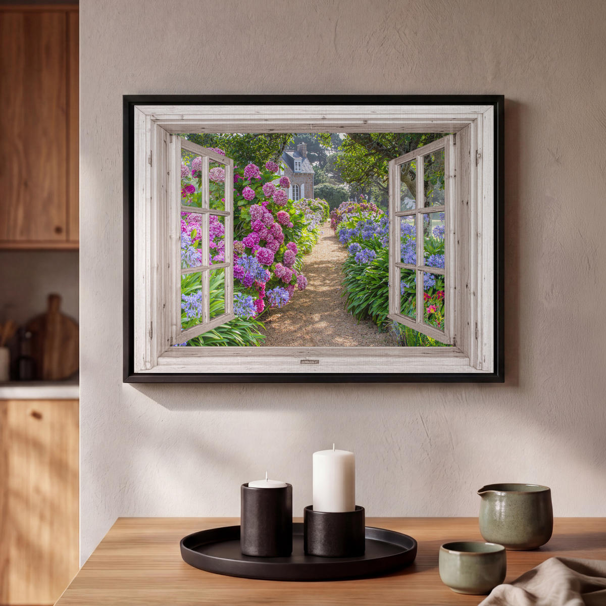 LEINWAND Bilder mit Rahmen - Hortensie - Durchsichtig - Blumen - Sommer - Lila - Weg - 40x30 - Lila, Textil (40/30cm) - MuchoWow