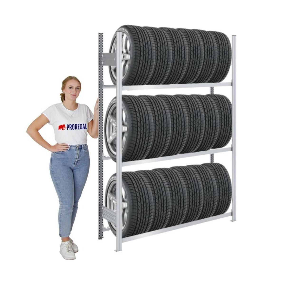 REIFENREGAL TIRE PRO 200x130x43cm 3 Ebenen 150kg Fachlast Bis zu 6 Reifen pro Ebene Verzinkt - Silberfarben, Metall (130/200/43cm) - PROREGAL