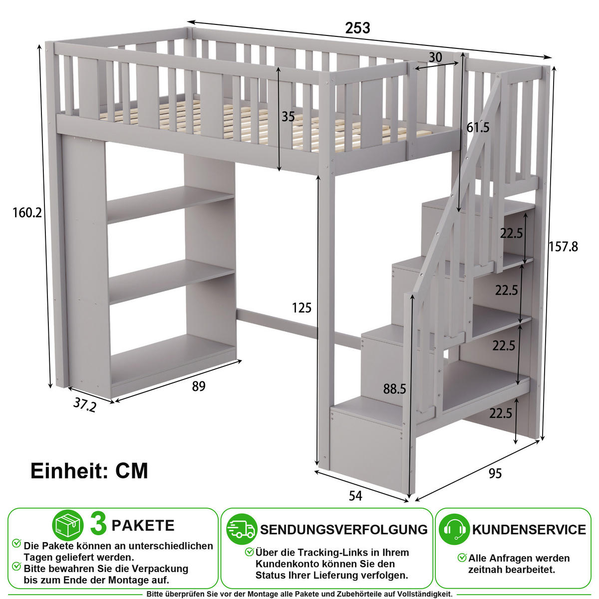 HOCHBETT 90/200 cm in Grau mit Stauraumtreppe und 3 Staufächern - Grau, Holz/Holzwerkstoff (90/200cm) - CHICFURN