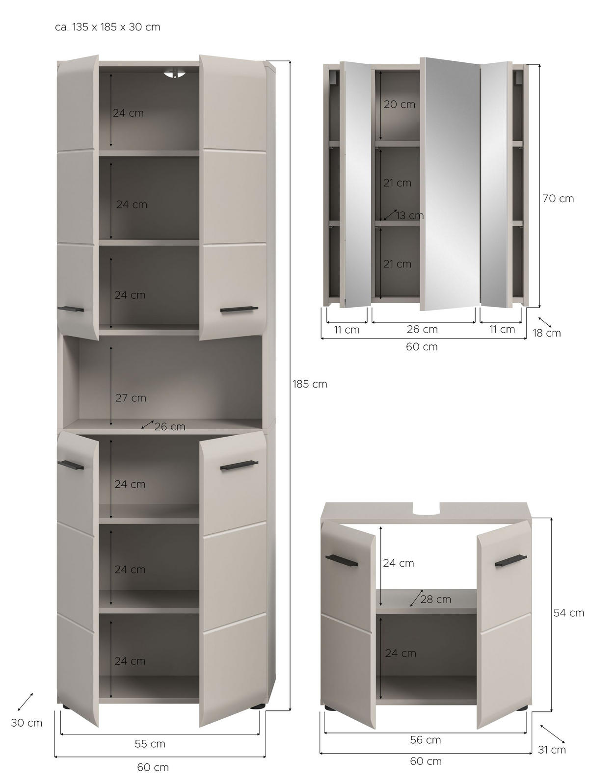 BAD-SET ICE 3-tlg. (B/H/T: ca. 135/185/30 cm) in Kaschmir/Kaschmir matt - Kaschmir, Holz (135/185/30cm)