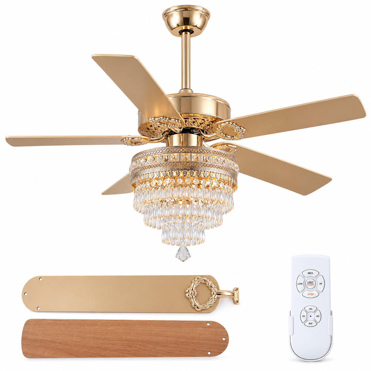 DECKENVENTILATOR Goldfarben 132 cm mit Kristallleuchte und Fernbedienung - Goldfarben, Metall (132.1/132.1/59.9cm)
