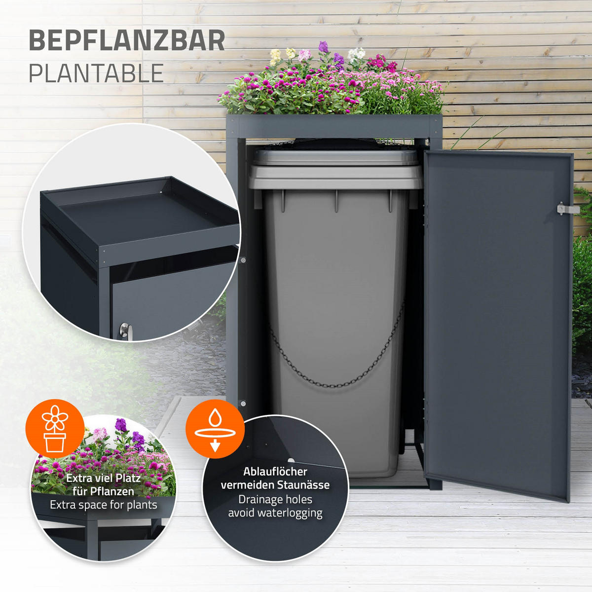 MÜLLTONNENBOX 1er mit Pflanzdach Anthrazit - Anthrazit, Metall (80/124/68cm) - ML-DESIGN