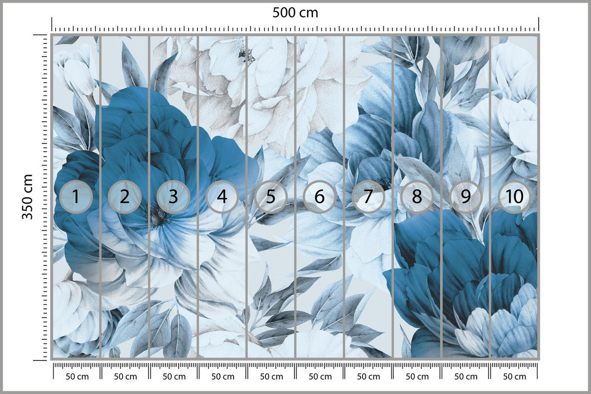FOTOTAPETE für Wohnzimmer Blaue Pfingstrosen Zart Blumen Boho 500x350 - Blau/Weiß, Papier (500/350cm) - Muralo