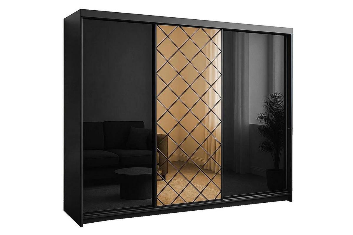 KLEIDERSCHRANK Karo 250 Schwarz, dreitüriger Schiebeschrank mit Spiegel - Schwarz, Holzwerkstoff (250/216/62cm) - Bettso