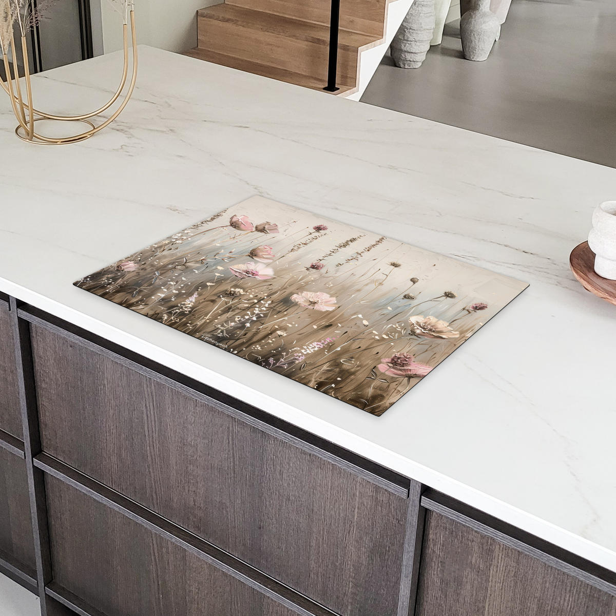 HERDABDECKPLATTE Blumen - Beige - Trockenblumen 75x52 cm - Beige, Kunststoff (75/52/0.2cm) - MuchoWow