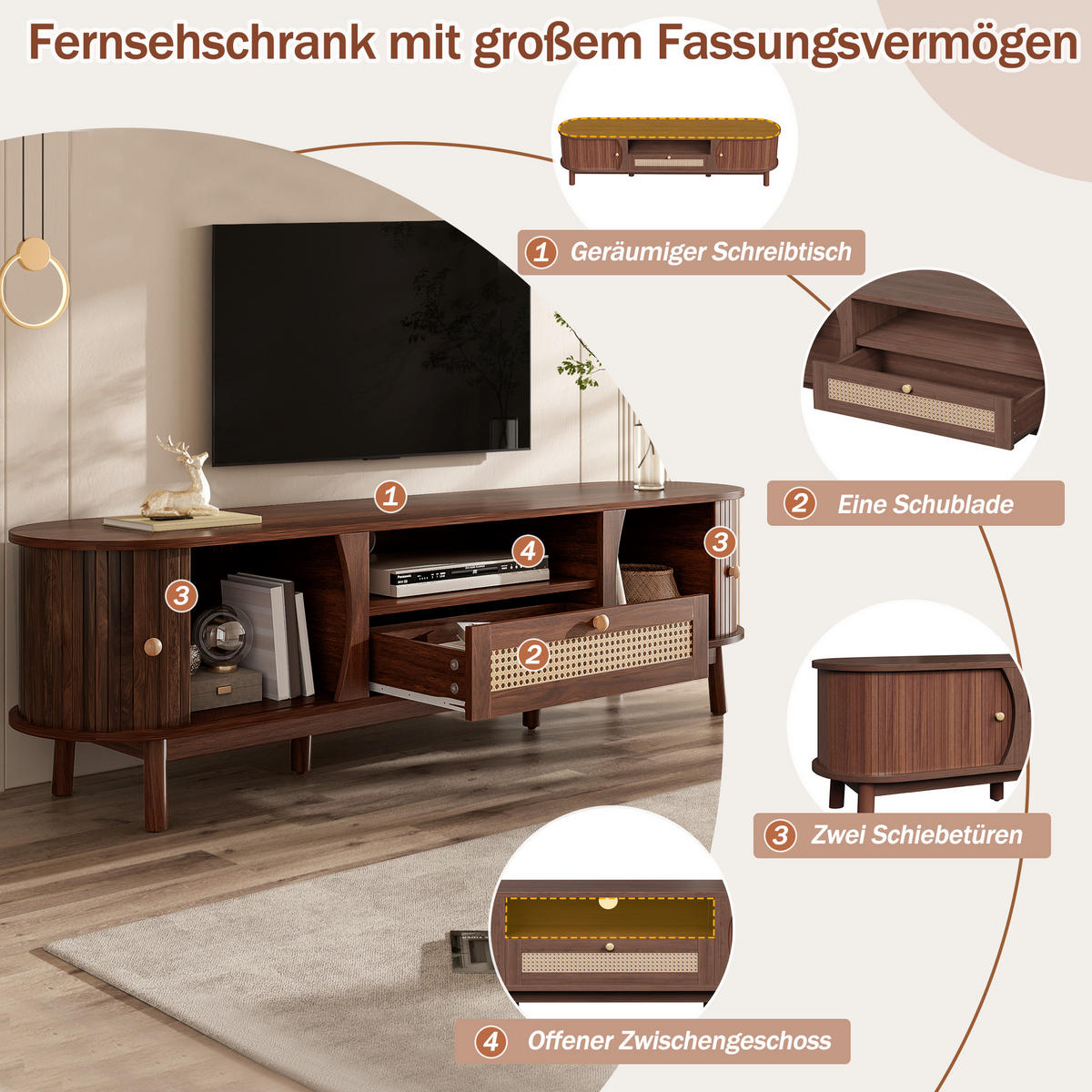 TV-SCHRANK Rattan Landhaus Türen Schubladen Massivholz - Walnussfarben, Holzwerkstoff (37/46/165cm) - FLIEKS
