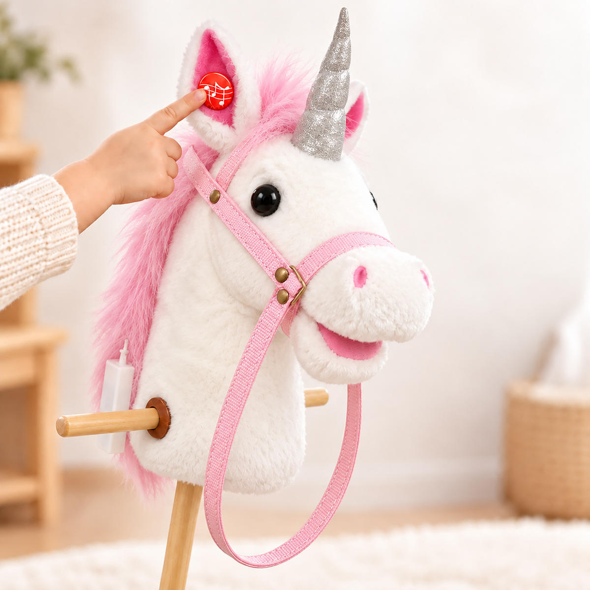 STECKENPFERD Weiß Rosa mit Sound Plüschkopf 95 cm - Weiß, Holz/Kunststoff (20/95/20cm) - Relaxdays
