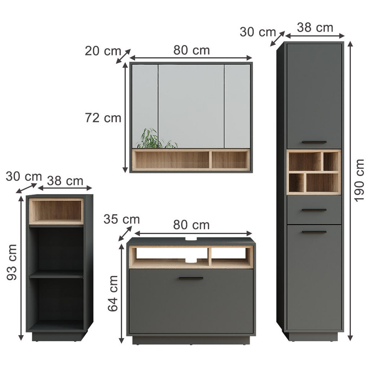 KOUPELNOVÁ SESTAVA NÁBYTKU Beatrice Anthracite/Sonoma - Sonoma dub/antracitová, kompozitní dřevo (80/64/35cm) - Vicco