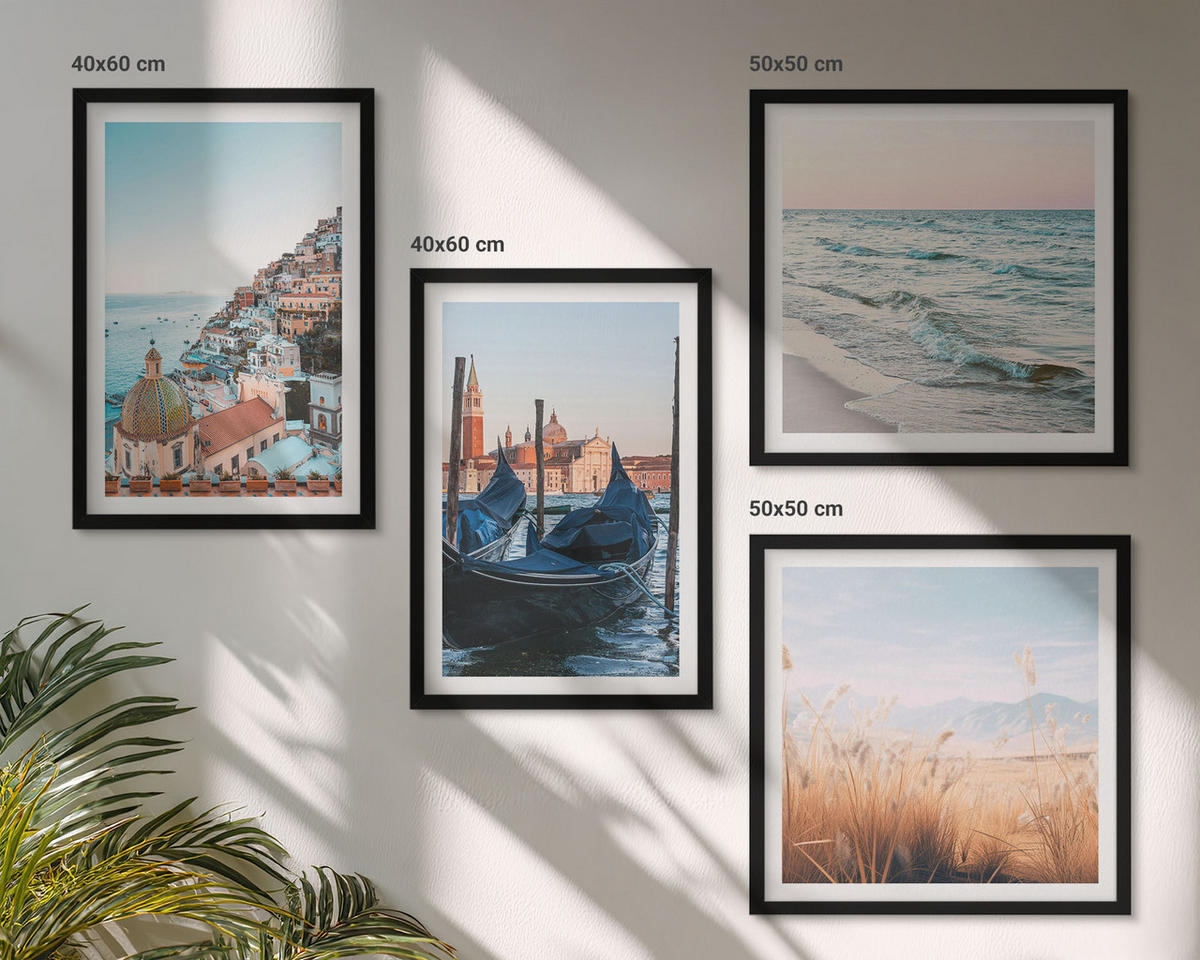 BILDER SET 4er Set - 50x50 cm & 40x60 cm Schwarzer Rahmen - Meerblick von Venedig - Schwarz, Kunststoff (50/50cm) - TULUP