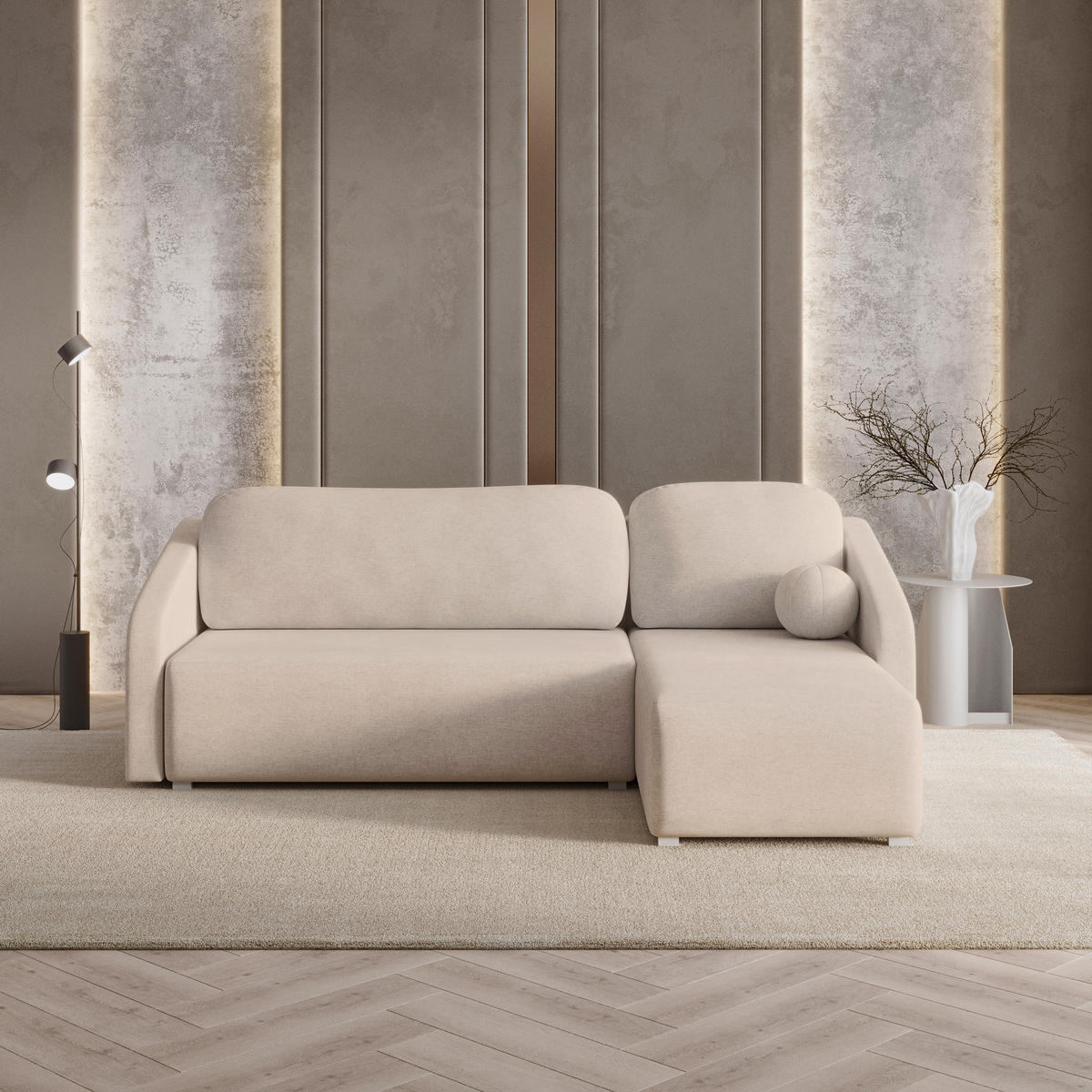 ECKSOFA MARELLO Beige Geflochtener Stoff mit Schlaffunktion - Beige, Holz (220/143cm) - MASSENO