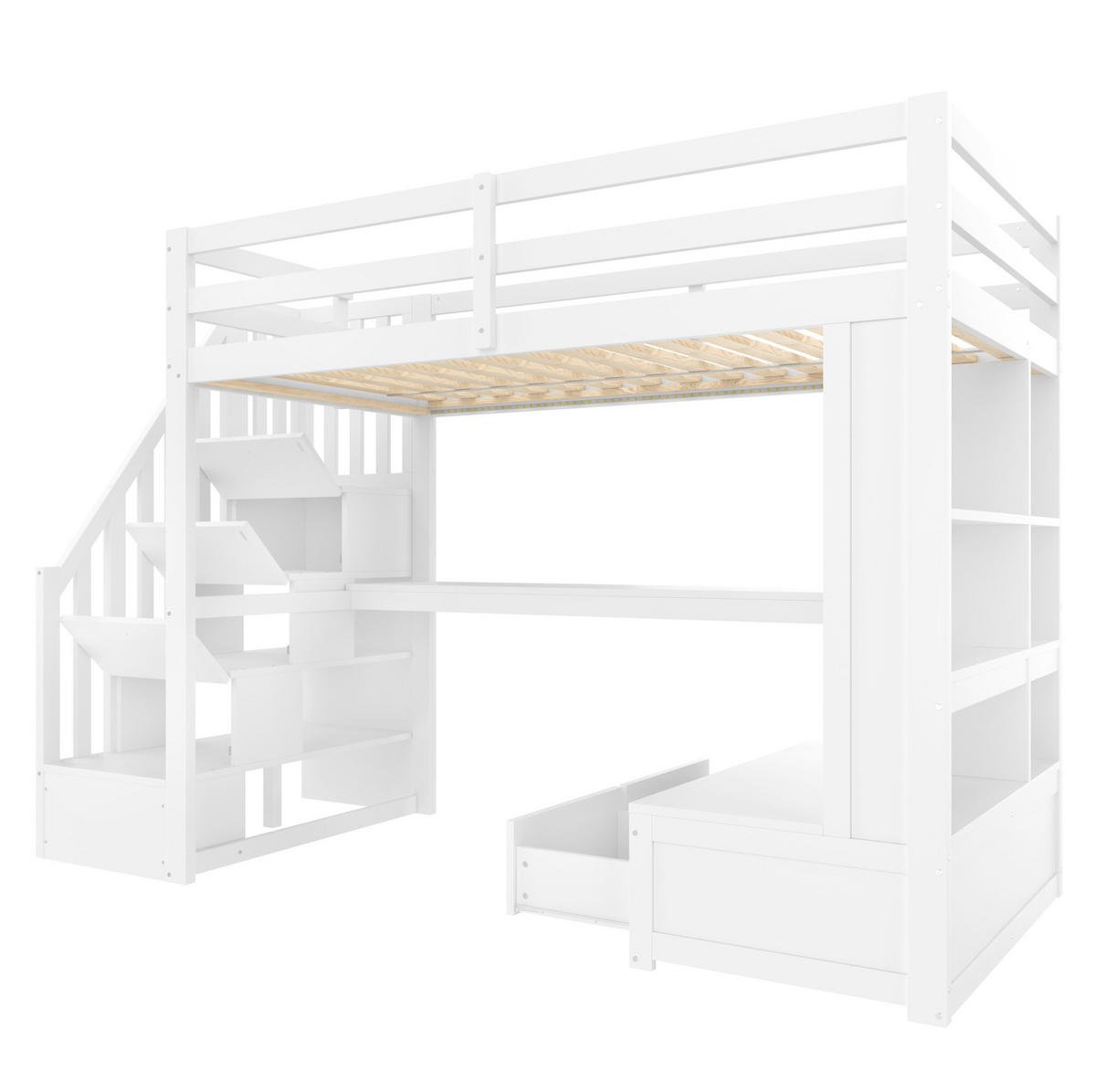 HOCHBETT 90/200 cm aus Kiefer/MDF mit Schreibtisch, Regalen, 2 Schubladen, Stauraumtreppe und LED, Weiß - Weiß, Holzwerkstoff (90/200cm) - Redom