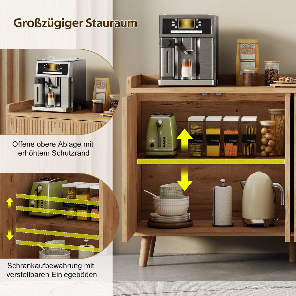 SIDEBOARD DE-38640 140/40/84 cm 4 Türen und verstellbare Böden Natur - Naturfarben, Holzwerkstoff (140/84/40cm) - ComfortXL