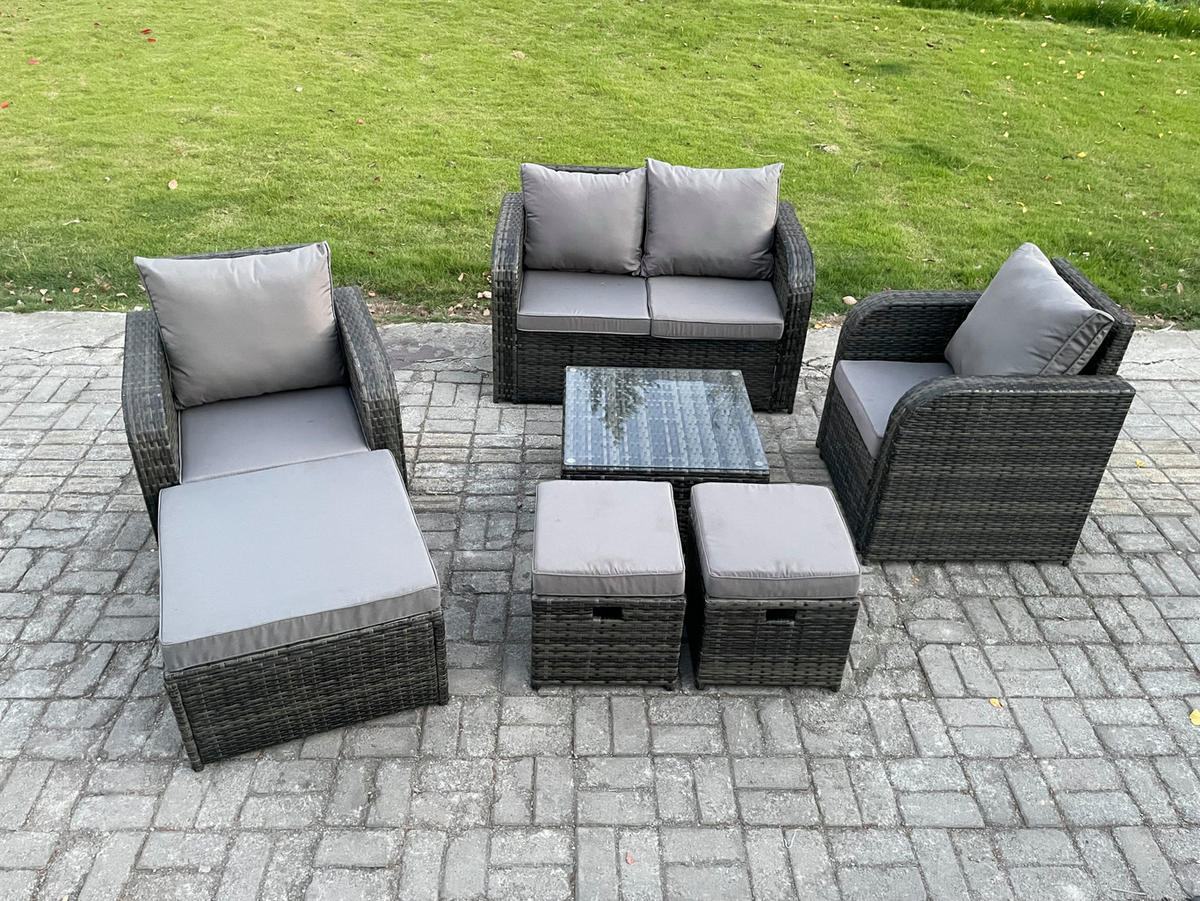 LOUNGESOFA-SET Polyrattan Dunkelgrau 7-Sitzer - Dunkelgrau, Metall - Fimous