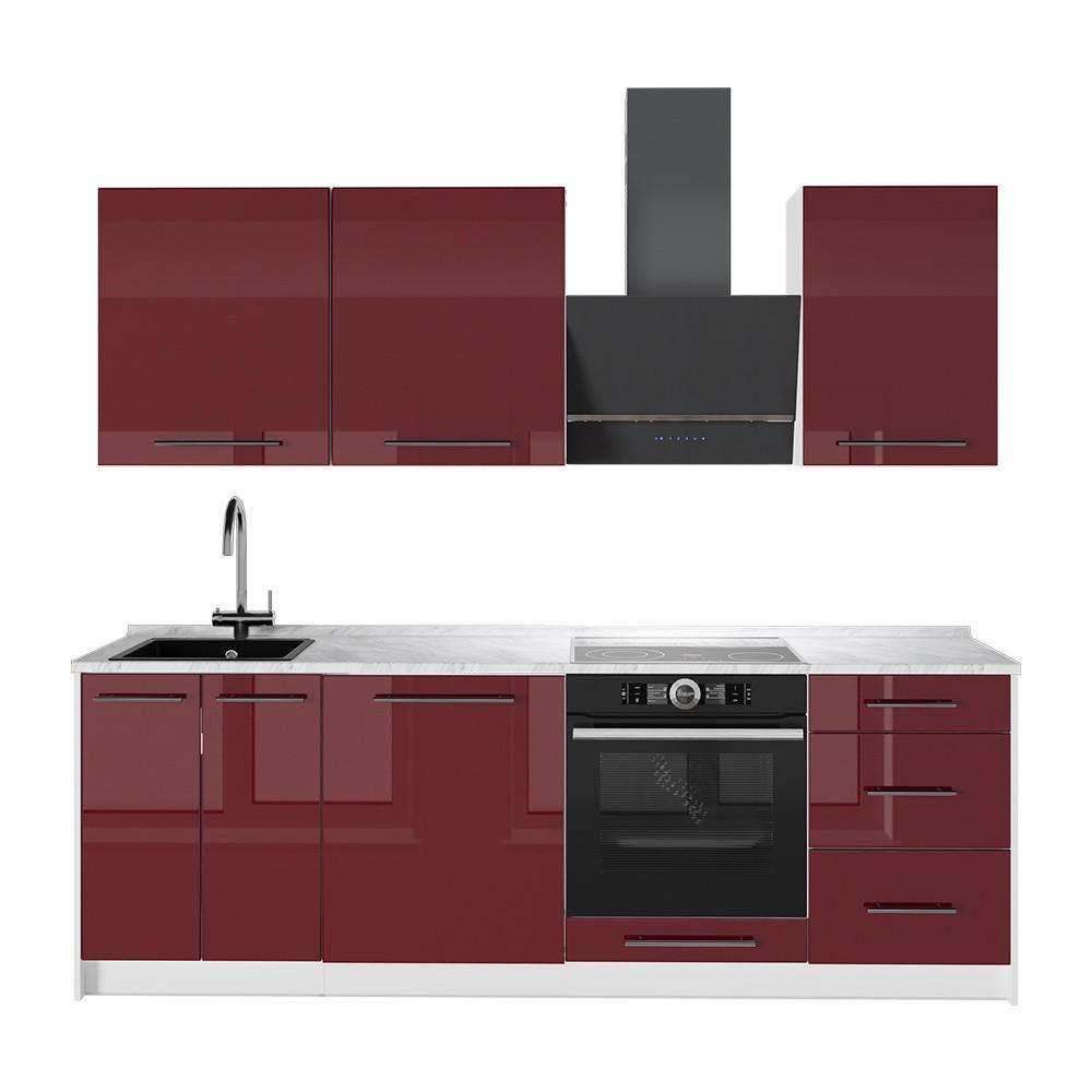 KÜCHENZEILE Fame-Line, Bordeaux Hochglanz/Weiß, 230 cm, AP Marmor - Bordeaux/Weiß, Holzwerkstoff (230/82/60cm) - Vicco