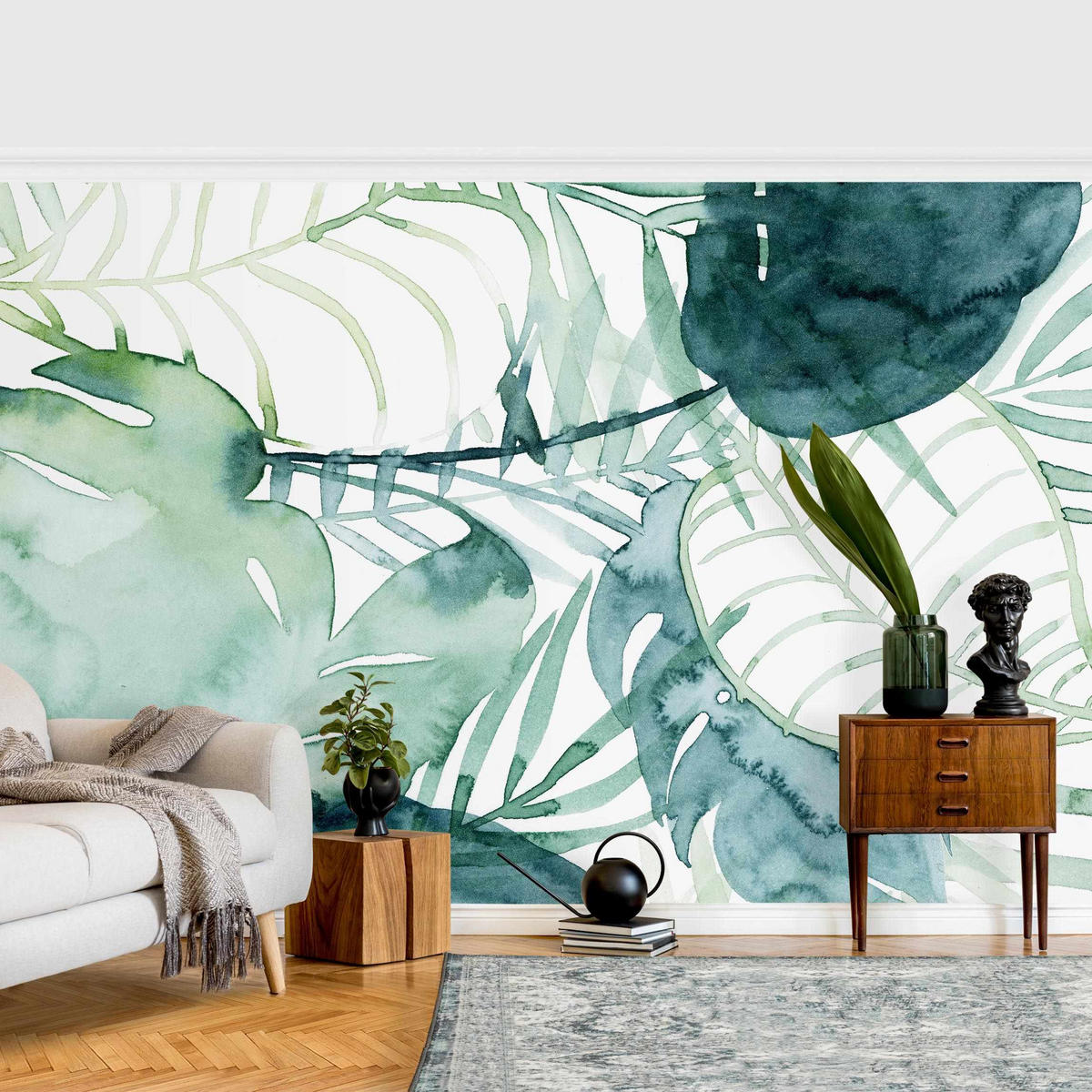 FOTOTAPETE Palmwedel in Wasserfarbe II 288/190 cm - Grün, Papier (288/190cm) - Bilderwelten