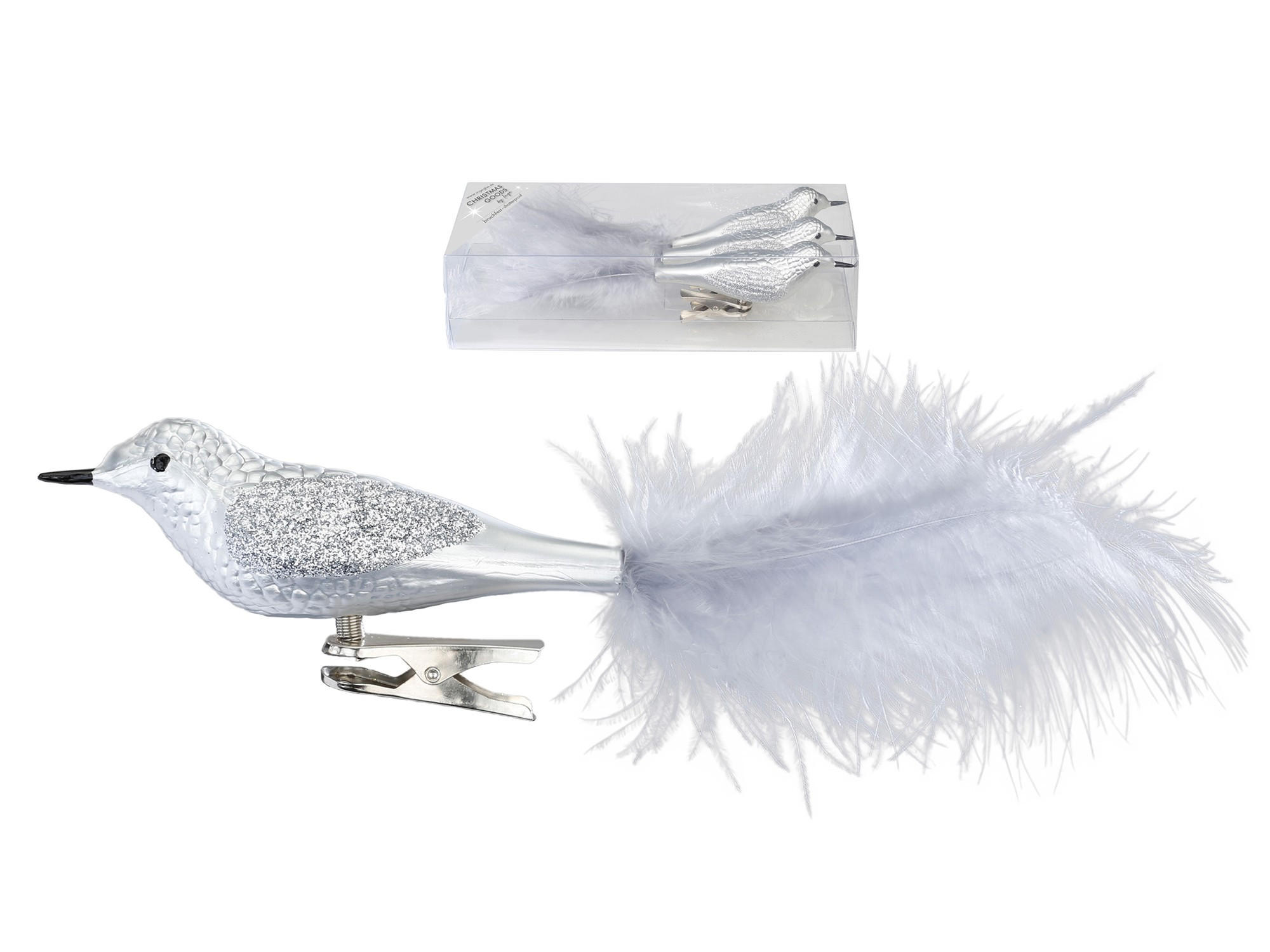 LAALU WEIHNACHTSBAUMSCHMUCK-SET 3tlg. Silberner Vogel auf Clip 20 cm - Silberfarben, Kunststoff (0.01/1/0.01cm) - LAALU
