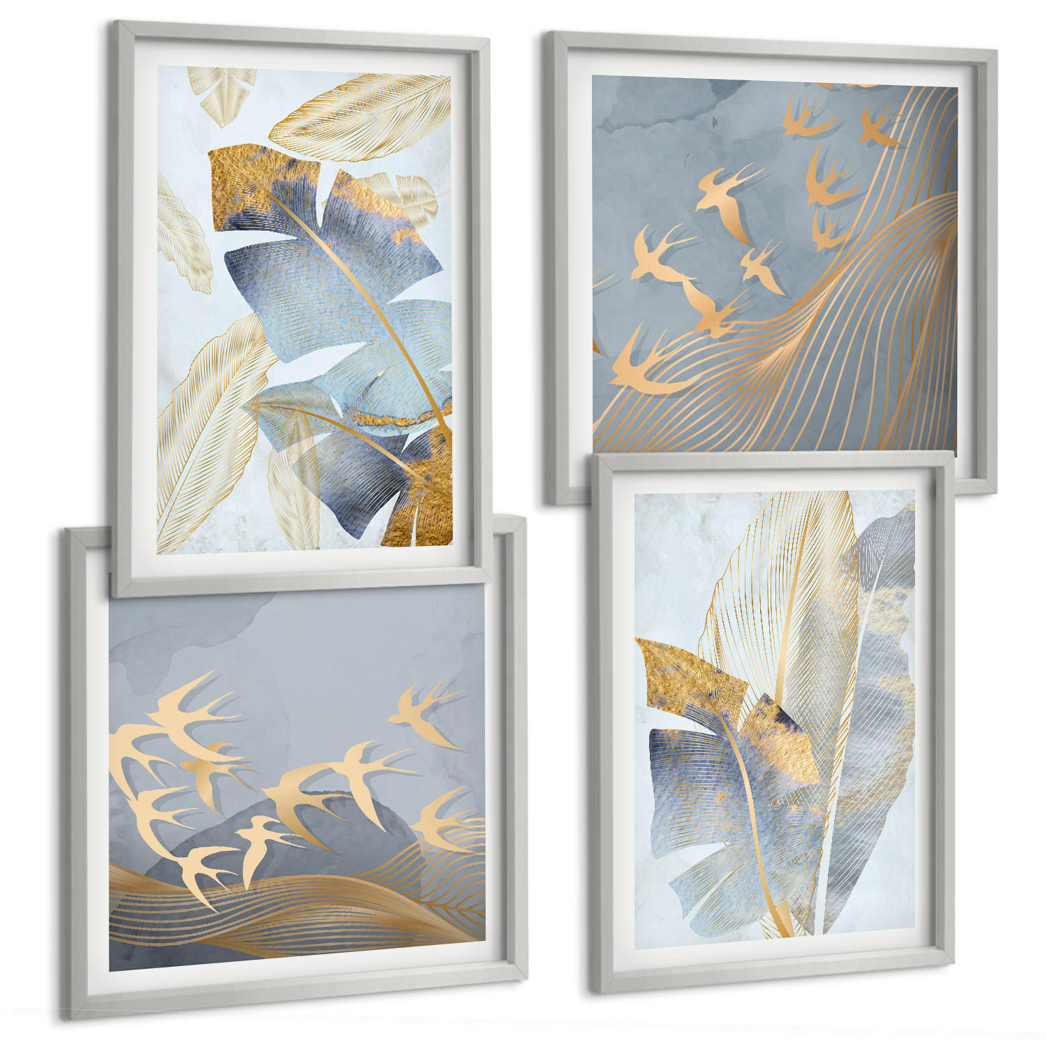 BILDER SET 4er Set - 50x50 cm & 40x60 cm Silberner Rahmen - Blaubeige Blätter im Hintergrund - Silberfarben, Kunststoff (50/50cm) - TULUP