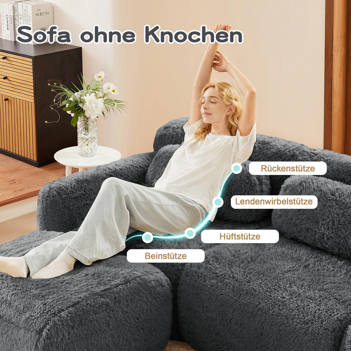 ECKSOFA aus Plüsch in Grau mit Ottoman - Grau, Textil (179/104/204cm) - Modfu