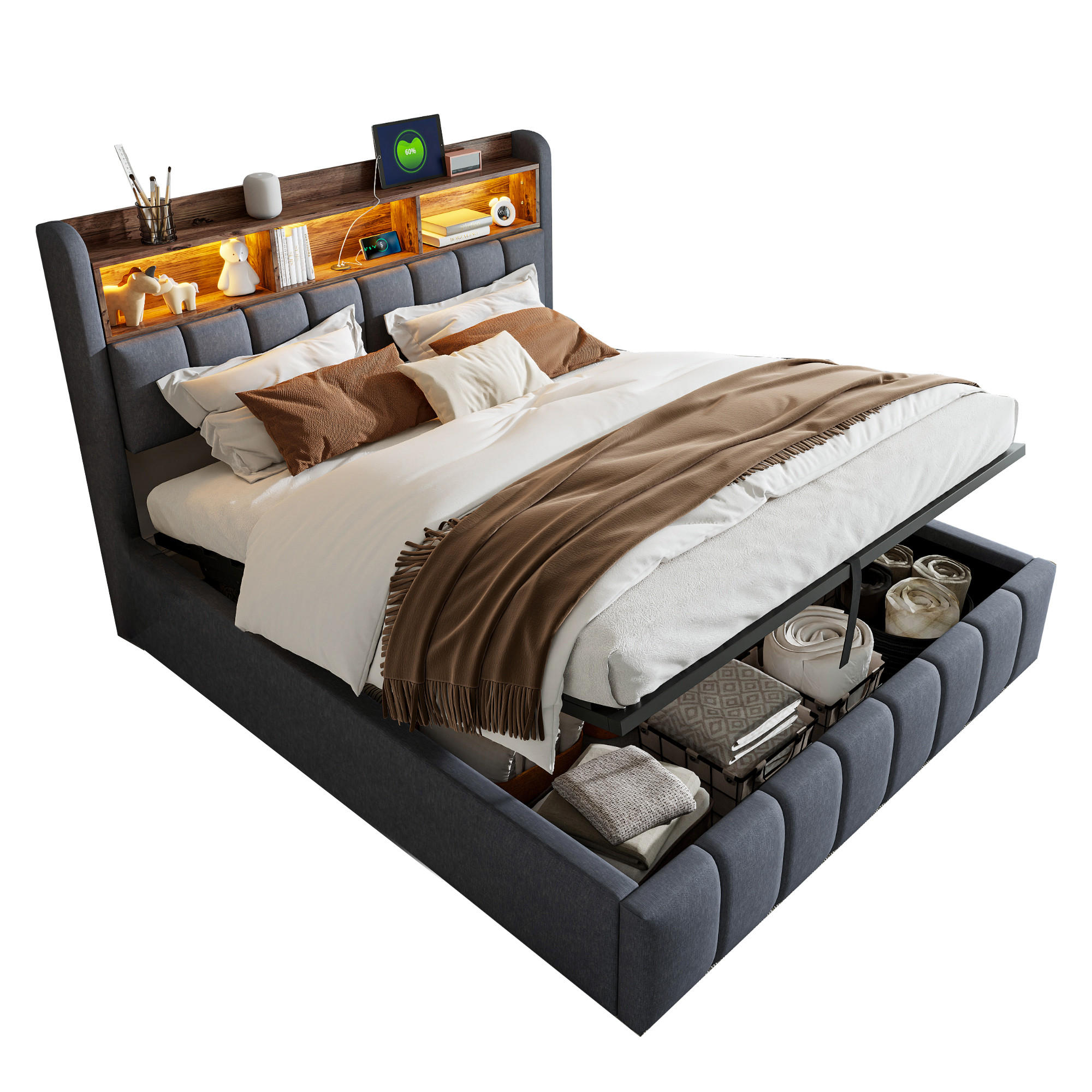 WISHDOR ČALOUNĚNÁ POSTEL 180x200 cm šedá s lněným vzhledem, úložným prostorem, LED osvětlením a USB portem