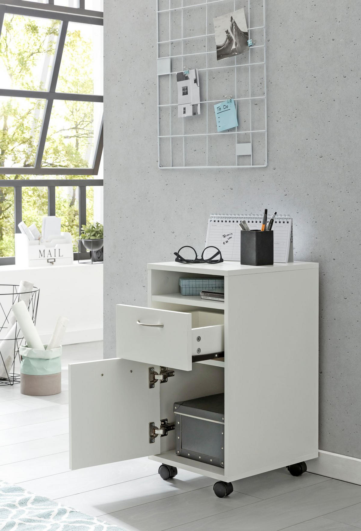 ROLLCONTAINER – Weiß, Schreibtischcontainer, viel Stauraum, Rollen, modern - Schwarz/Weiß, Holz/Kunststoff (33/63/38cm) - KADIMA DESIGN