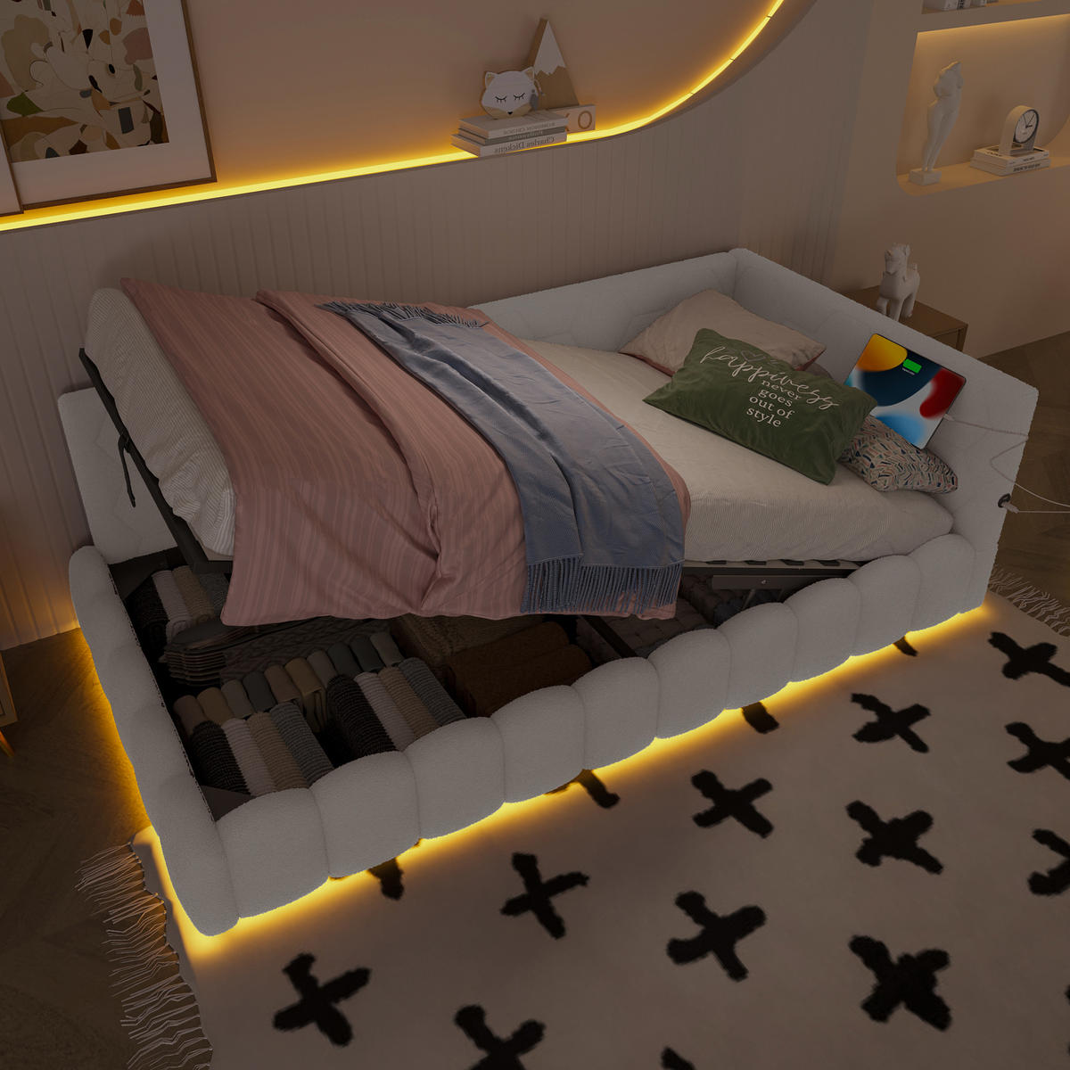 POLSTERBETT 90/200 cm mit LED-Beleuchtung und USB-Anschluss Vliesimitat Weiß - Weiß, Textil (90/200cm) - OKWISH