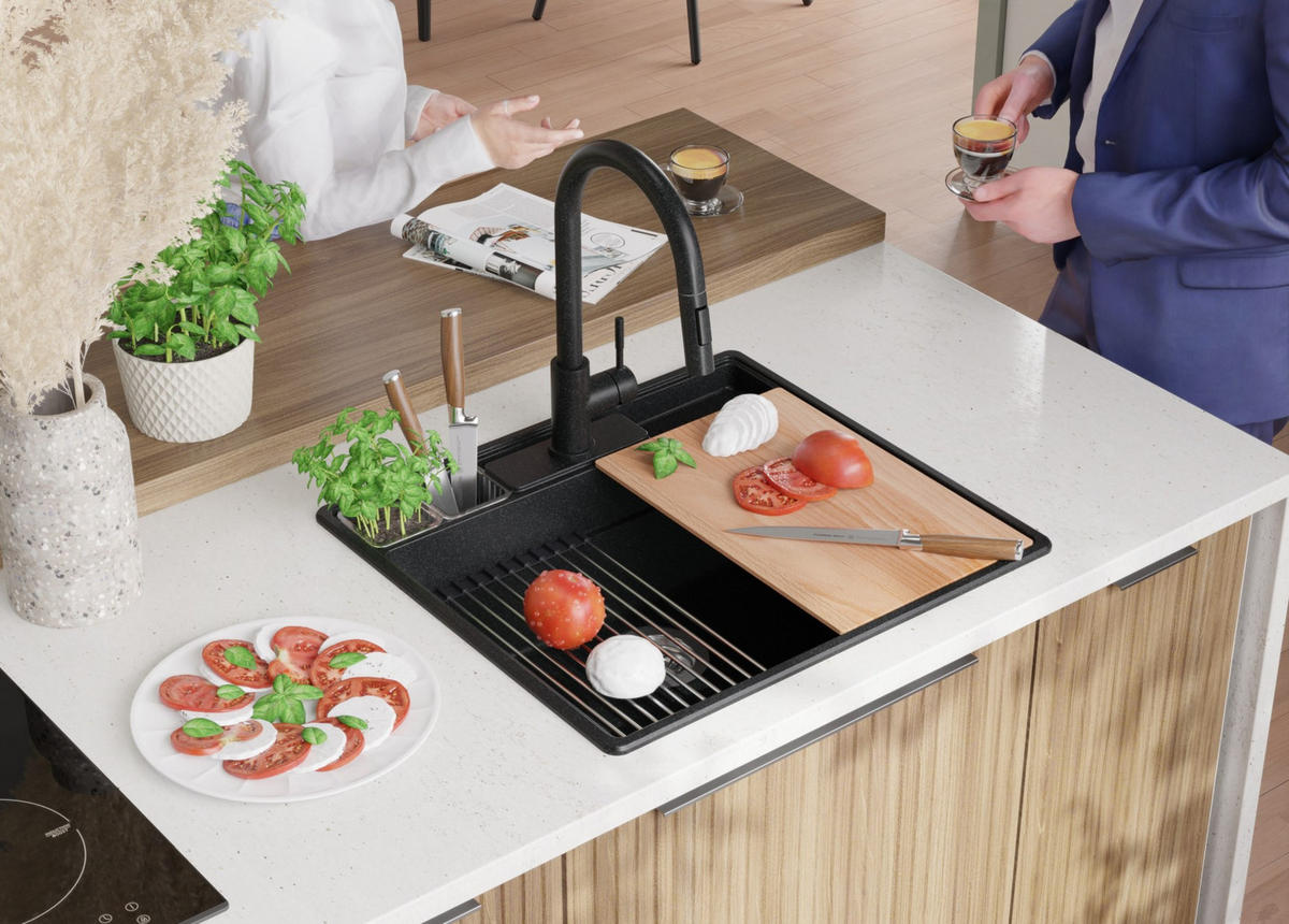 SPÜLBECKEN New York, 2-er set Anthrazit 58/53 cm 1 Becken + Ablauf-Set + Küchenzubehörset ab 60er Unterschrank - Chromfarben/Anthrazit, Kunststoff (58/20/53cm) - Primagran