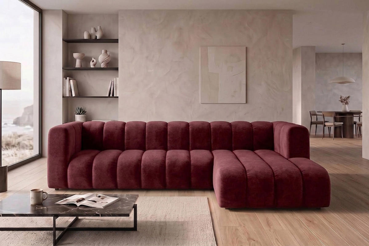 ECKSOFA Modulares In L-Form, Velvet-Stoff Riviera, Rotwein, Rechts, GRAND 318 cm - Dunkelrot, Holz (318/179cm) - Kaiser Möbel