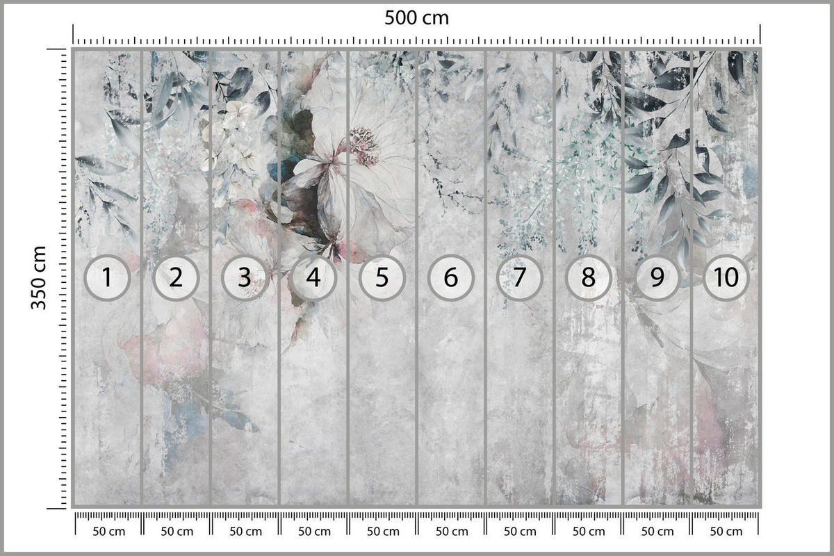 FOTOTAPETE für Schlafzimmer Zarte Blätter Beton Blumen Natur 500x350 - Schwarz/Rosa, Papier (500/350cm) - Muralo