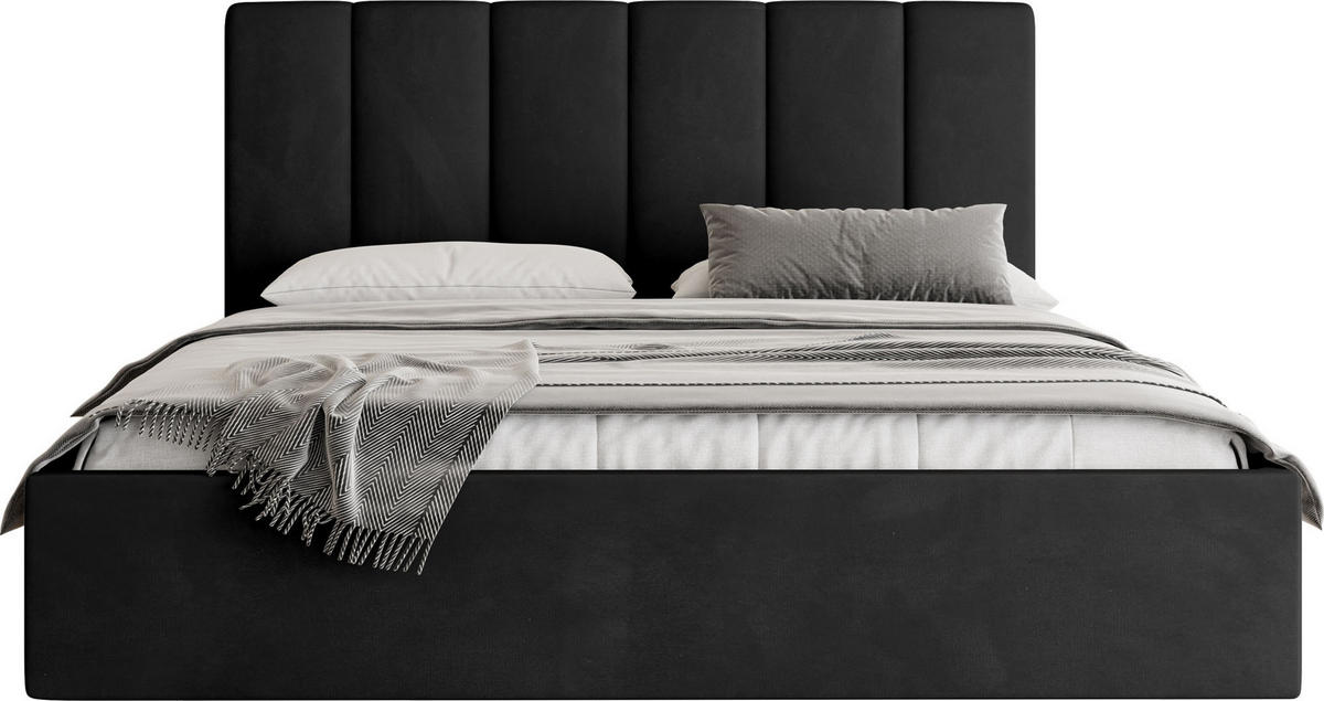 POLSTERBETT Amira Slim mit Bettkasten, Schwarz Samt 160x200 cm - Schwarz Hochglanz/Birkefarben, Holz/Holzwerkstoff (160/200cm) - WFL GROUP