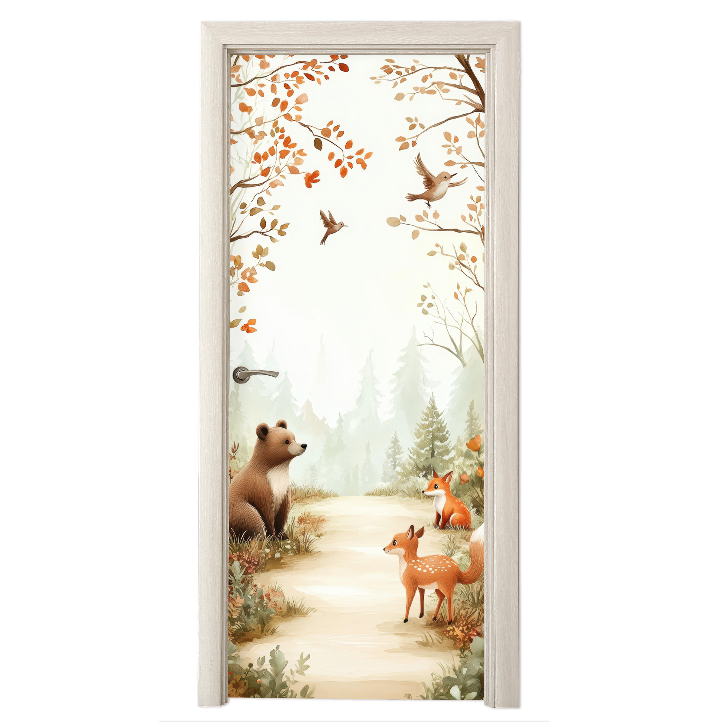 TÜRAUFKLEBER Selbstklebend - Wald - Herbst - Waldtiere - Bär - Fuchs 95x215 cm - Türtapete - Kastanienfarben, Kunststoff (95/0.1cm) - MuchoWow