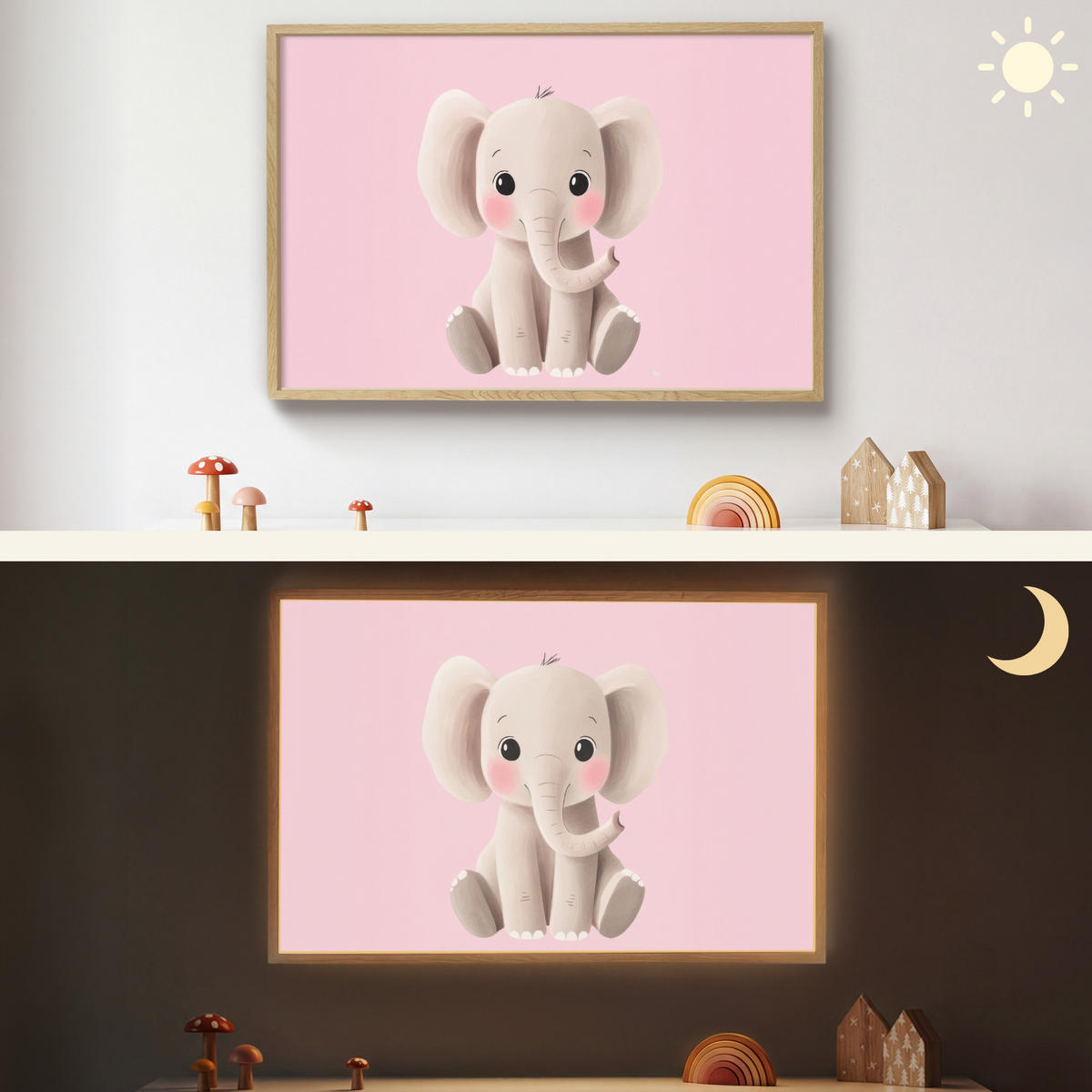 NÁSTĚNNÁ LAMPA S AKUMULÁTOREM Slon - Dítě - Růžová - Kreslený film 90x60 cm - světle růžová, kompozitní dřevo (90/60/8cm) - OnlyWow