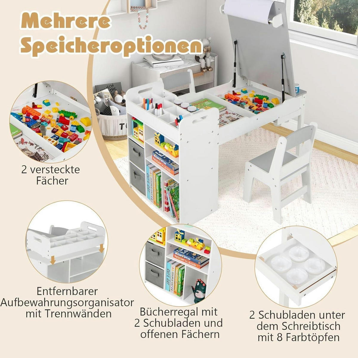 KINDERTISCH mit 2 Stühlen 3-teiliges Set Grau - Weiß, Holz (60/60/120cm)