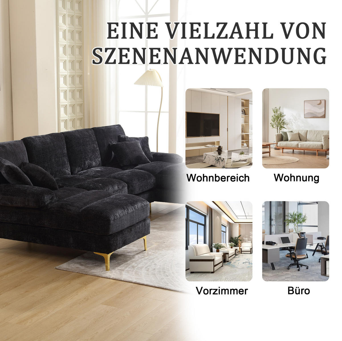 U-FORM Wohnlandschaft Chenille mit 2 Liegeflächen 272/136/88 cm Schwarz - Schwarz, Textil/Metall (136/88/272cm) - Redom