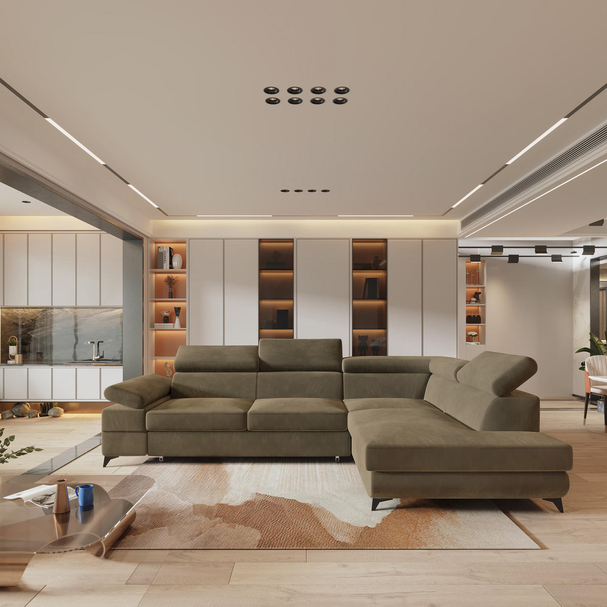 ECKSOFA FAVIEN R-S Beige Velours-Stoff mit Schlaffunktion - Beige, Holz (257/190cm) - MASSENO